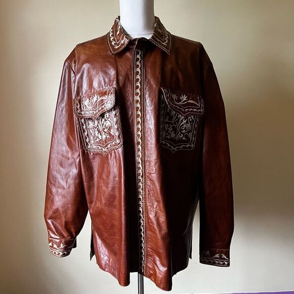 Vintage Ira Hoss Western Leather Jacket XXL Brown Tooled Embroidered Shacket - Picture 16 of 16